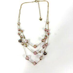 Betsey Johnson Gold Tone 3-Strand Art Glass Pink Wedding Cake Necklace Gold Tone